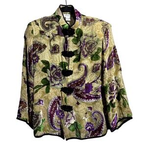 VTG‎ Aris A Paisley Floral Velvet Burnout Top Mandarin Collar Sheer Blouse S SEE